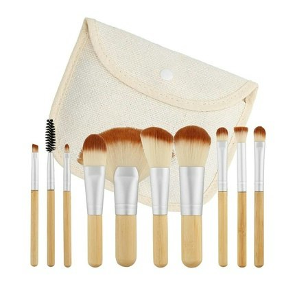 T4B MIMO Set Travel Size Bamboo Makeup Brushes With Cotton Case 10 Pieces Brown